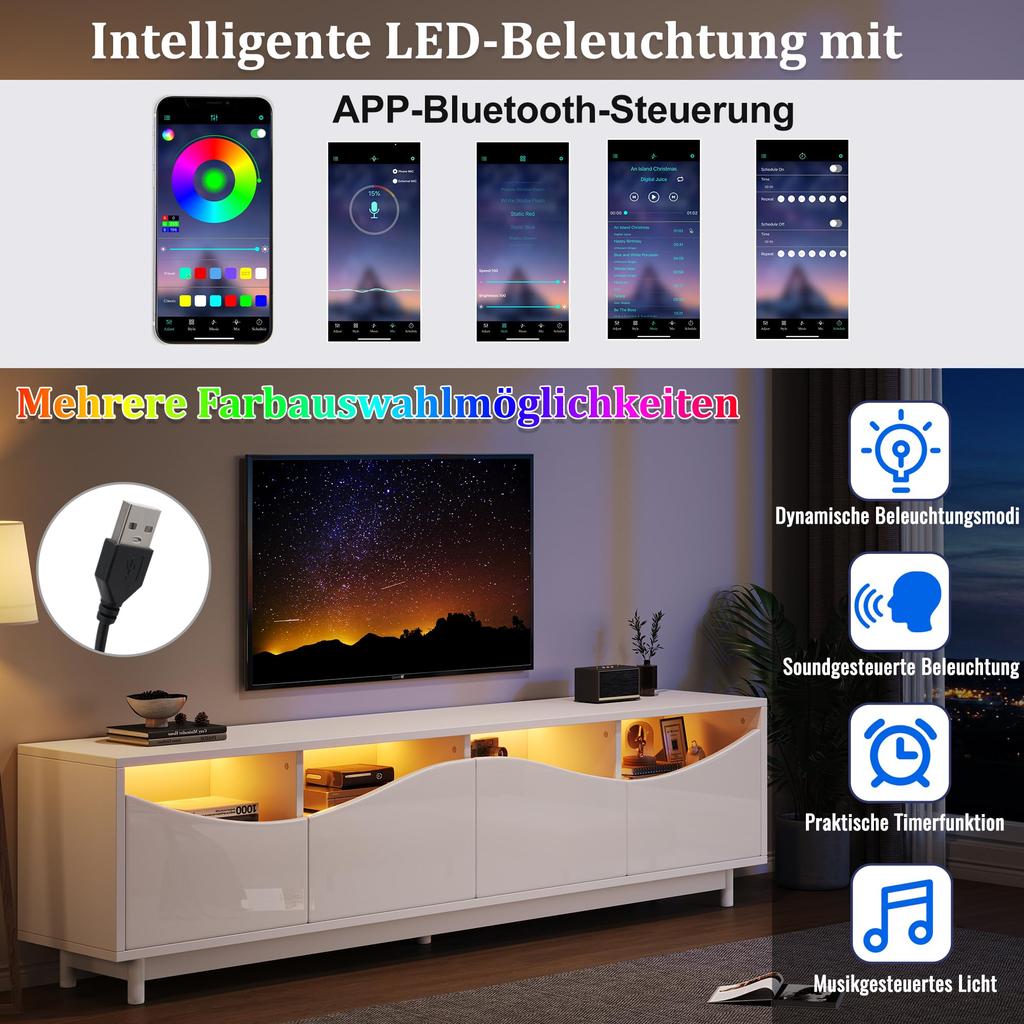 ТВ Шкаф ТВ Тумба Глянцевый Белый 70 Дюймовый Телевизор, ТВ Стойка 4 Дверцы, Дверца Шкафа из Закаленного Стекла, ТВ Мебель Гостиная Спальня