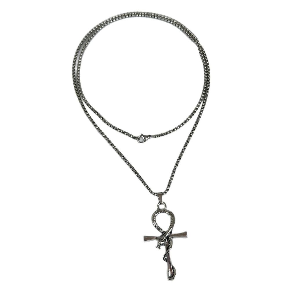Retro snake-shaped cross pendant necklace, European and American fashion long collarbone chain, niche personalized design item