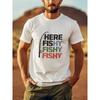 Summer Casual Graphic Tee - Men's "Here Fishy Fishy" Black T-Shirt - Round Neck, Short Sleeve with Colorful Fishing Rod Print