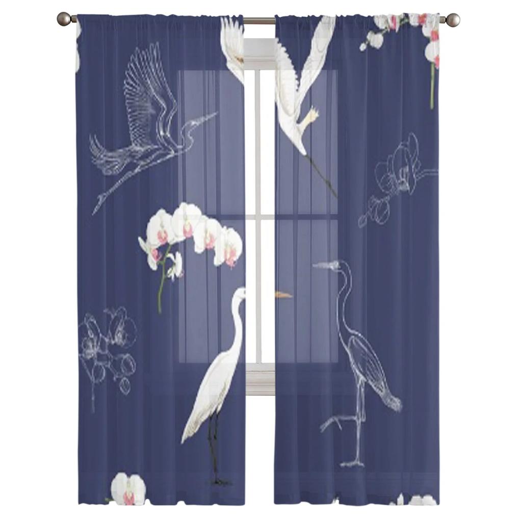 White Heron Cockatoo Parrot Sheer Curtains for Living Room Transparent Tulle Window Curtain Bedroom Kitchen Decor Veil Drapes