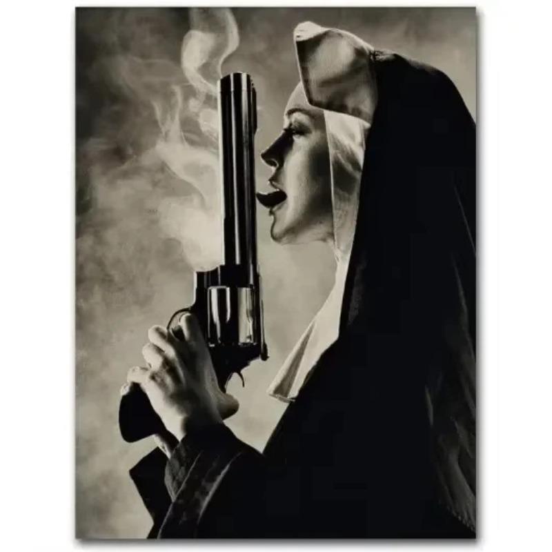 AA Modern Simple Wall , Black . White Nuns Series, Rebel Smoking, HD Canvas Print Poster, Home Living Room Bedroom ation