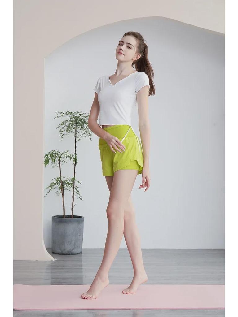 Women's Summer Quick-Drying Elastic Yoga and Running Shorts with Faux Two-Piece Design
