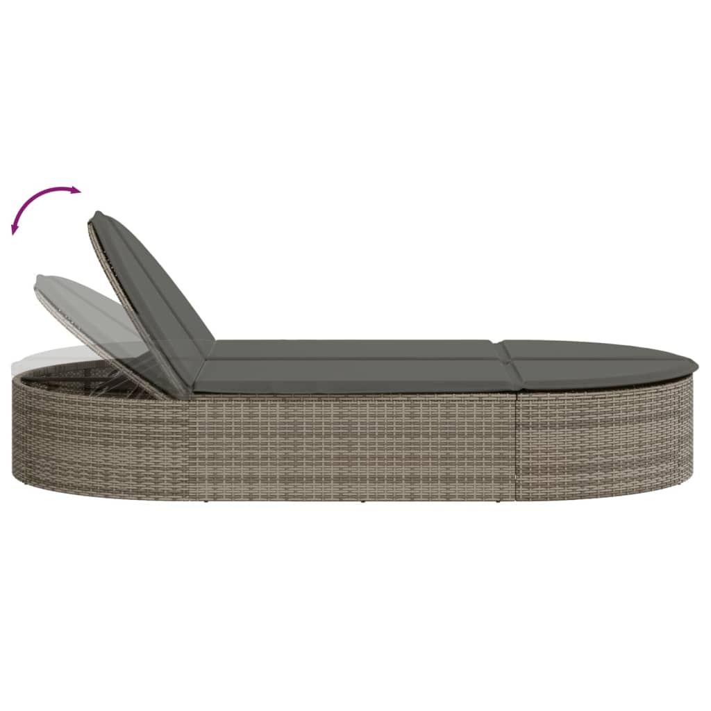 Double Sun Lounger with Cushions Gray Poly Rattan