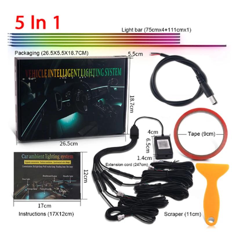 5 in 1 6 in 1 Car Atmosphere Lamp RGB Rainbow 213 Color LED Acrylic Strip Fiber Optic Symphony Interior Decoration Ambient Light