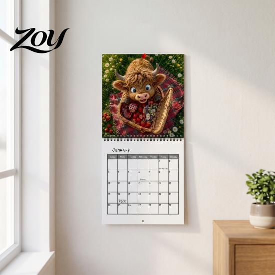 Large Grid Appointment Book 2027 Highland Cow Wall Calendar, 12-Month Adventure Themed Planner with Spiral Cute Illustration Stationery Binding, Thick