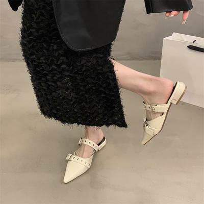 Туфли-полушапки на грубом каблуке с застежкой-молнией, верхняя одежда, весна и лето 2025, новые ретро-туфли с заостренным ремнем и пряжкой, черные одинарные туфли, женская обувь