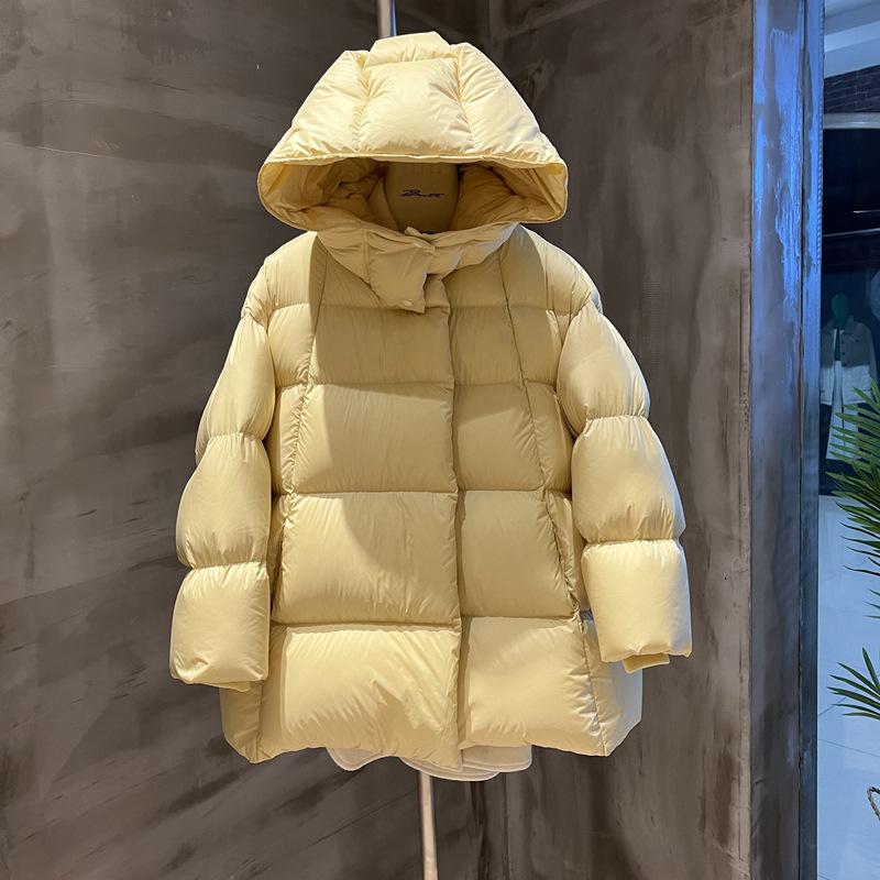 High luxury white duck down puff feeling medium and long hooded down jacket women's winter fashion thickened gutless bread jacket