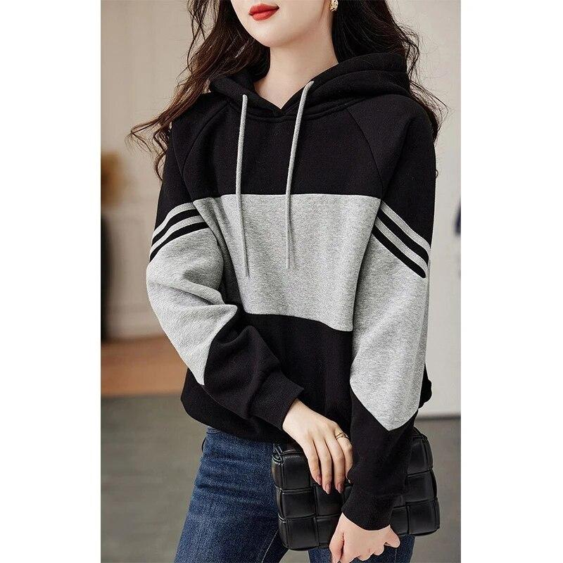 Autumn Winter Loose Casual Patchwork Hoodies Ladies Simple Fashion All-match Pullover Women Hooded Sweatshirt Female Clothes