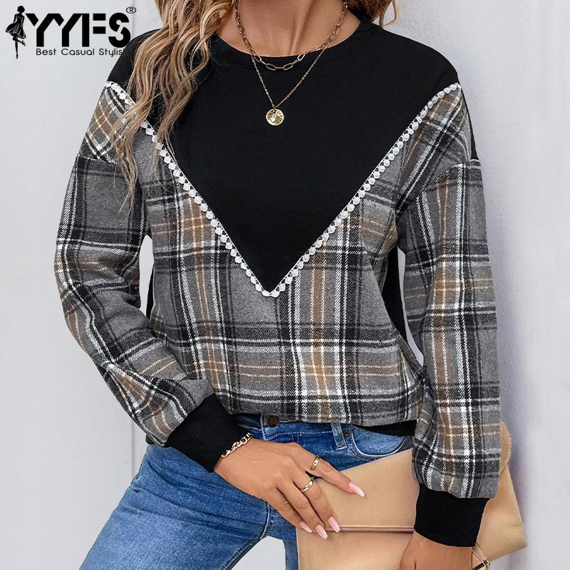 YYFS Women's Fashion Casual Fall Winter Solid Color Print Long Sleeve O-Neck Pullovers & Long Sleeves