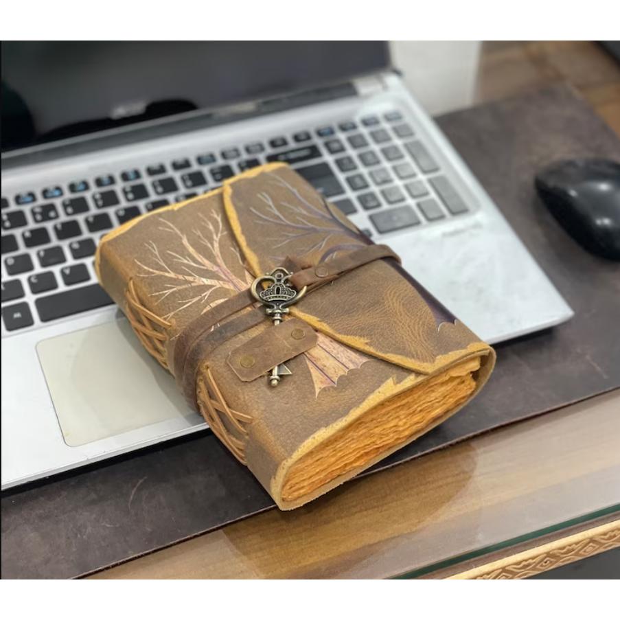 Комбинированное предложение Винтажная ручка с перьями для резьбы/Древо жизни Кожаный журнал Антикварный ручной работы с декоративным краем Винтажный бумажный гримуар