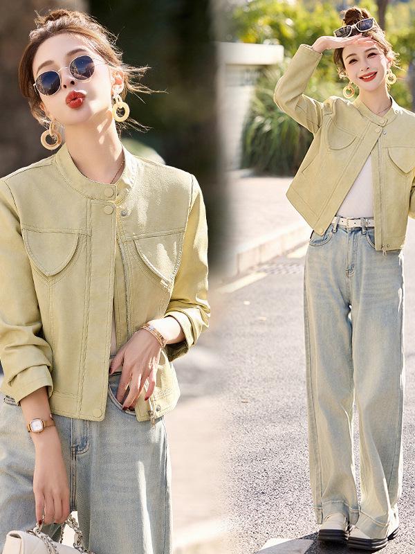 Женская бейсбольная куртка из натуральной кожи - Весна/Осень 2025, Овчина Хайнинг, Маленький размер, Короткое пальто.