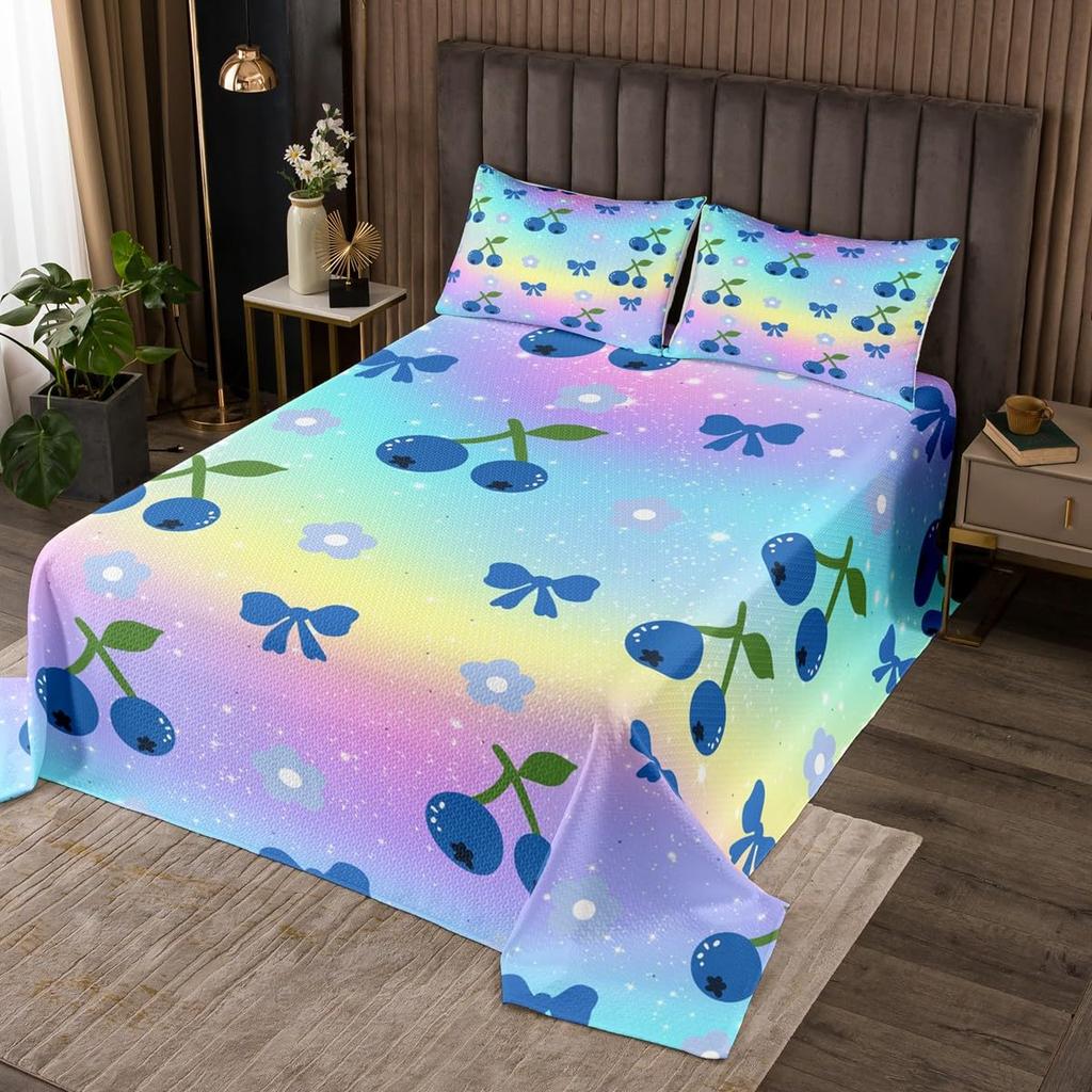 Cartoon Blueberry Bedspread Summer Tropical Fruit Quilted Coverlet Watercolor Botanical Leaves Flower Bedding Set for Teen Adult