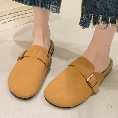 Туфли женские 2024 новые женские тапочки с открытой пяткой осенние с круглым носком пряжка однотонные плоские повседневные удобные офисные женские туфли
