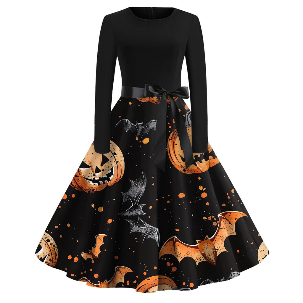 Платье-клеш с принтом на Хэллоуин для женщин с длинным рукавом, повседневные платья с круглым вырезом и ажурной отделкой