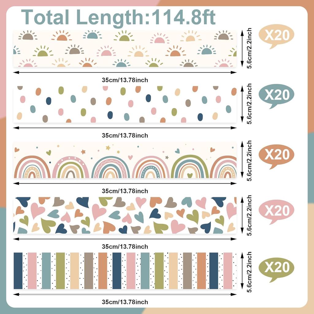 115Ft Boho Bulletin Board Borders Classroom Bulletin Boards Decoration Colorful Boho Heart Rainbow Dot Stripe Border Stickers for School Classroom