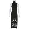 Turtleneck High Elegent Beauty Lady Dress Dress Women Gothic Print Sleeveless Women Dress Split Midi
