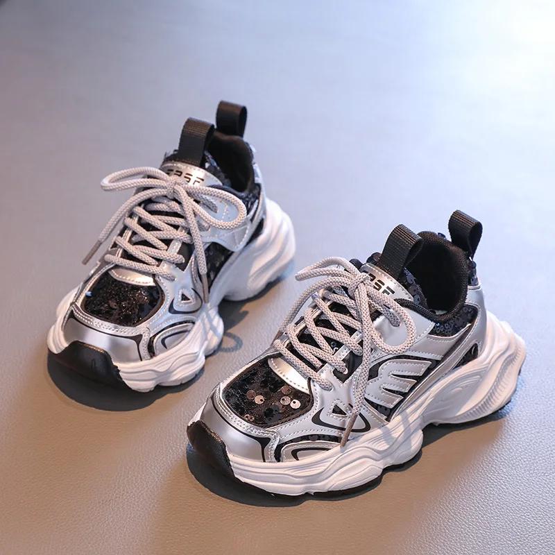 Детские баскетбольные кроссовки, массивные детские кроссовки для девочек, весна-осень, модные кроссовки с блестками, повседневные, школьные, универсальные, для бега