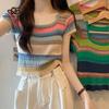 Rainbow Striped Square Collar Short-sleeved T-shirt Women's Summer New Shoulder Sweet Short Top