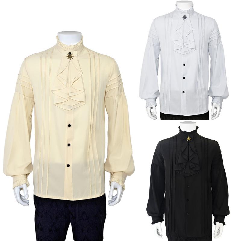 Men Ruffled Stand Collar Long Lantern Sleeves Pirate Cosplay Shirt Medieval Clothes Gothic Vintage Top