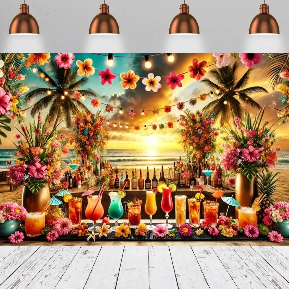 Hawaiian Tropical Scenery Bar Theme Banner Backdrop Cocktail Green Plants Suitable for Bar Friends' Party Photography Backdrop