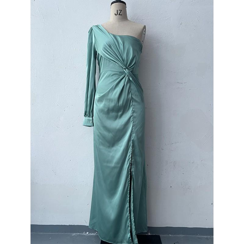 2026 Womens Slash Neck Raglan Sleeve Pleated Fitted Slit Sexy Long Dress