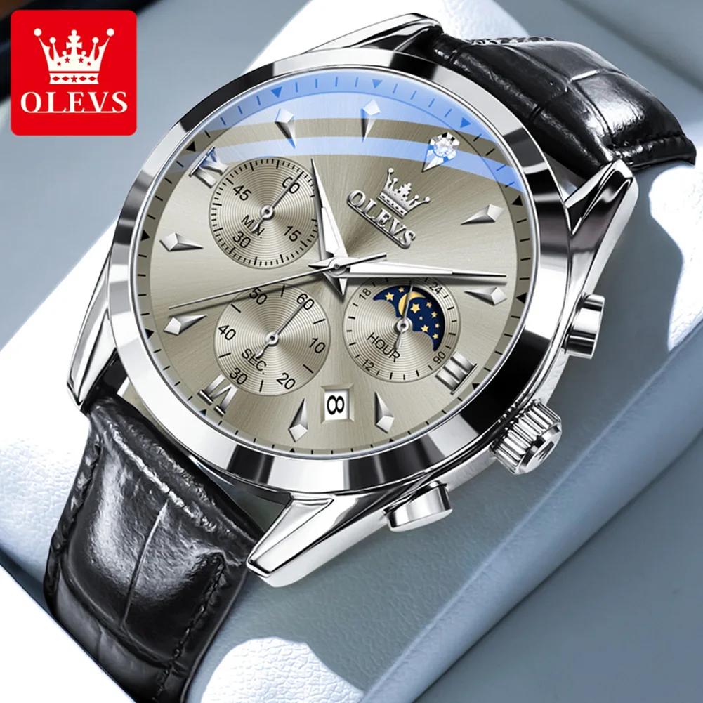 OLEVS 3609 Luxury Leather Quartz Mens Wristwatches Original Moon Phase Chronograph Waterproof Luminous Watch for Men Reloj Mujer