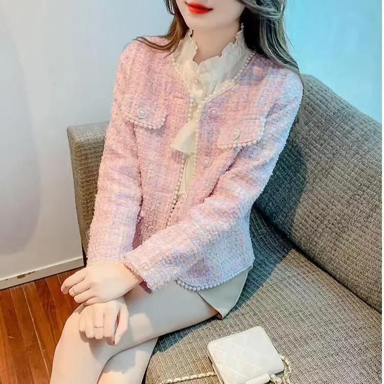 Temperament Ladies Pink Small Fragrance Jacket Женская одежда на весну и осень Маленький топ из французского твида высокого качества