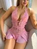 Розовое нижнее белье с подвеской на шею, эротический костюм для взрослых, глубокое V, без промежности, женское нижнее белье для секса, ночная открытая одежда, боди, сексуальный комбинезон