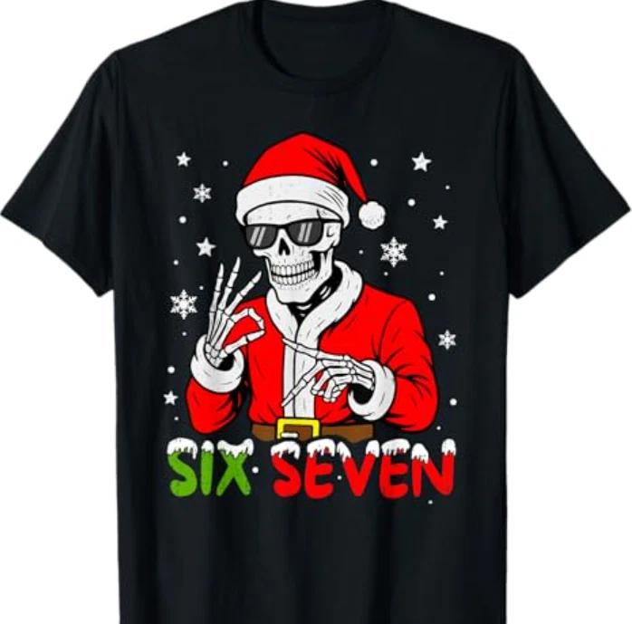 67 Meme Six Seven Skeleton Santa Funny Christmas Gen Z Slang T-Shirt