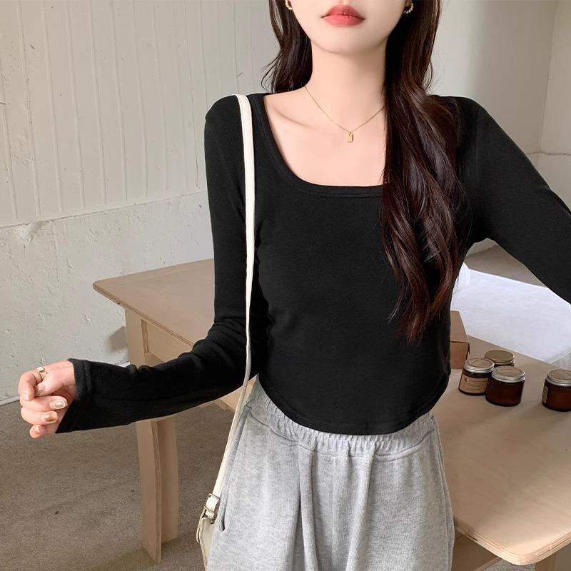 Европейские модные рубашки, новые футболки с длинным рукавом для женщин, осенне-зимний квадратный воротник, правое плечо, неровные верхние части из немецкого бархата