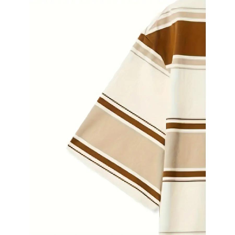 Футболка мужская с круглым вырезом и коротким рукавом - мягкая слегка эластичная полиэстеровая ткань, узор в полоску, повседневная, весна-лето