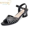 Women's Summer Sandals Rhinestone Slotted Band Block Heel Sandals Women Large Size Shiny Mid Heel Sandals Ladies