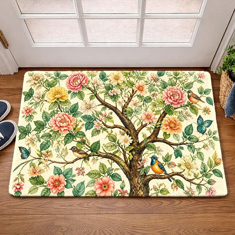 Country Bird Tree Welcome Doormat Retro Plant Non Slip Rug Farmhouse Front Door Entry Decor Mat