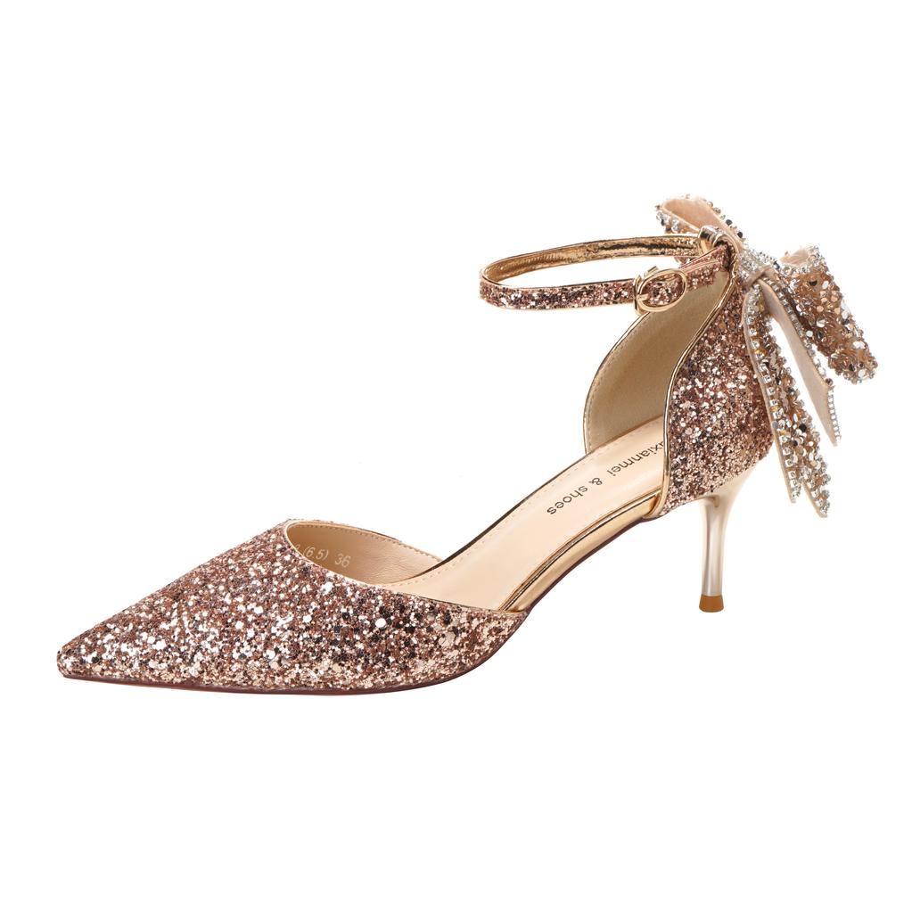 Летние роскошные женские модные босоножки с острым носком, блестками, стразами, бантом, кристаллами, на высоком каблуке, для вечеринки, свадьбы