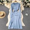 RUGOD European and American Niche Long-sleeved Dress Commuter Fashion Knitted High Waist A-type Slit Pleated Simple Women