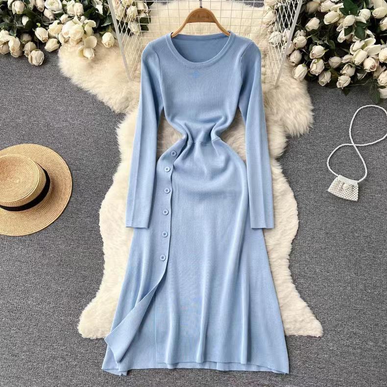 RUGOD European and American Niche Long-sleeved Dress Commuter Fashion Knitted High Waist A-type Slit Pleated Simple Women