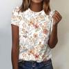 Women's Fashion Casual Short Sleeve Flower Print Round Neck Pullover Top Blouse