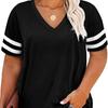Футболка больших размеров с цветным V-образным вырезом, женская, слегка эластичная, с коротким рукавом, повседневная футболка больших размеров, женская одежда больших размеров