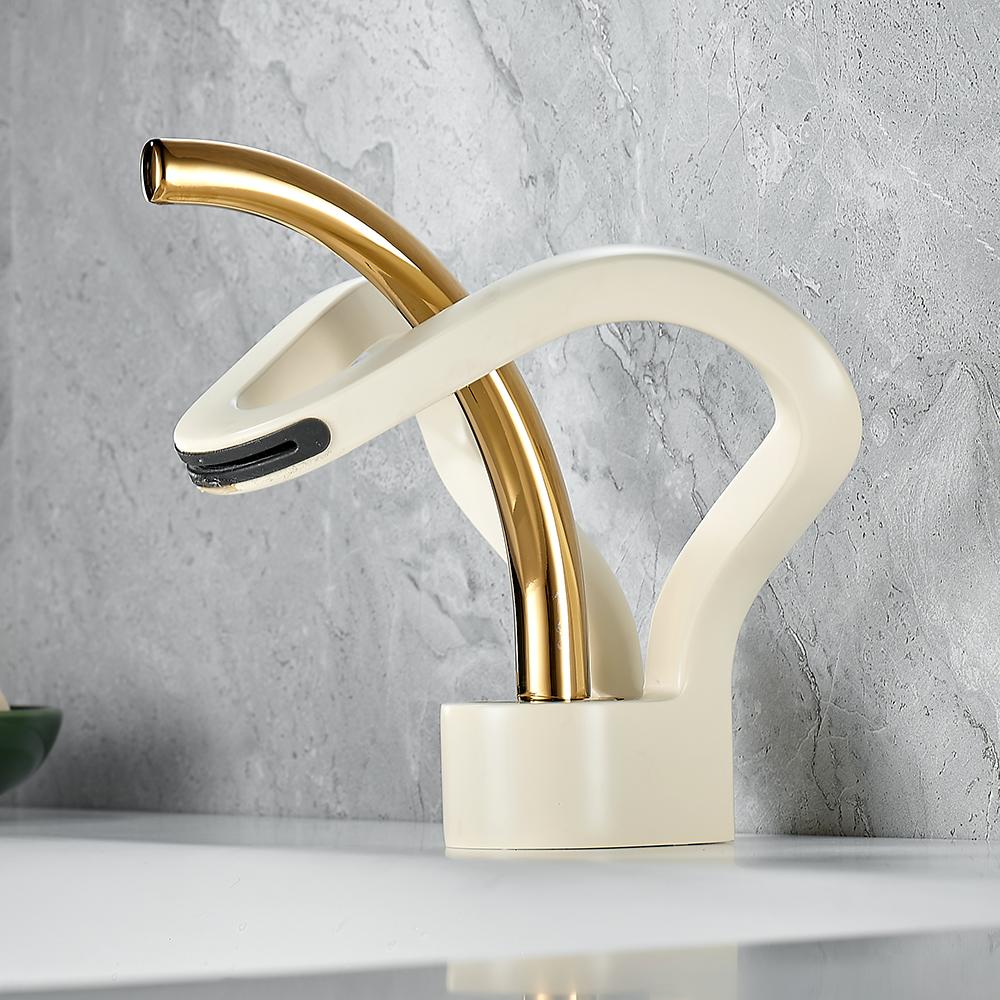 Gold Crown Single Handle Single Hole Hot and Cold Waterfall Bathroom Sink Mixer Tap Deck Mounted Luxury Lavatory Faucet