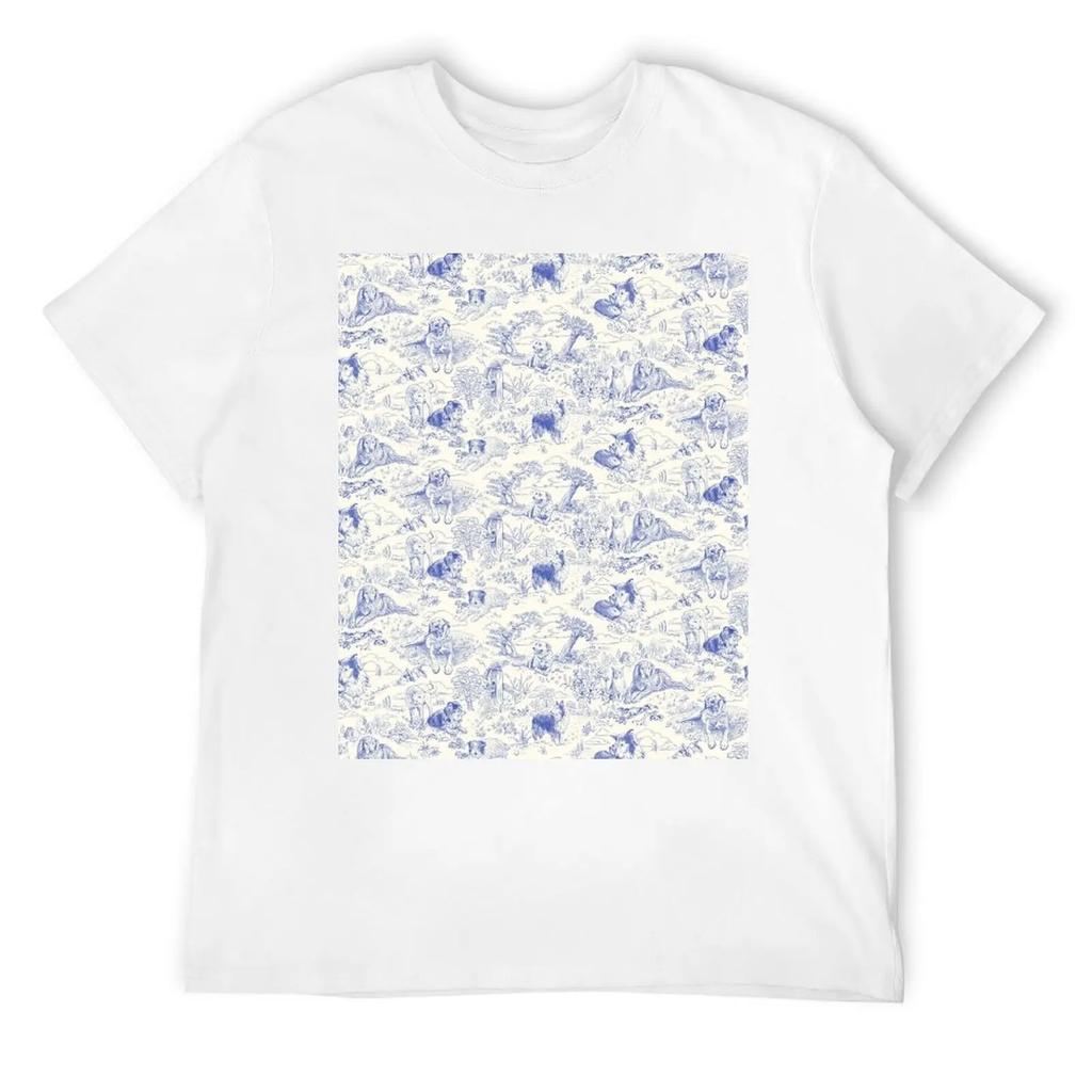Country Dogs Toile With Collie, Aussie And Jack Russell Terrier In Blue And White T-Shirt Anime Oversized T Shirt Men