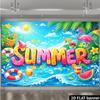 2D plane summer beach party backdrop fabric with large-sized letters as the core complemented by pink color.