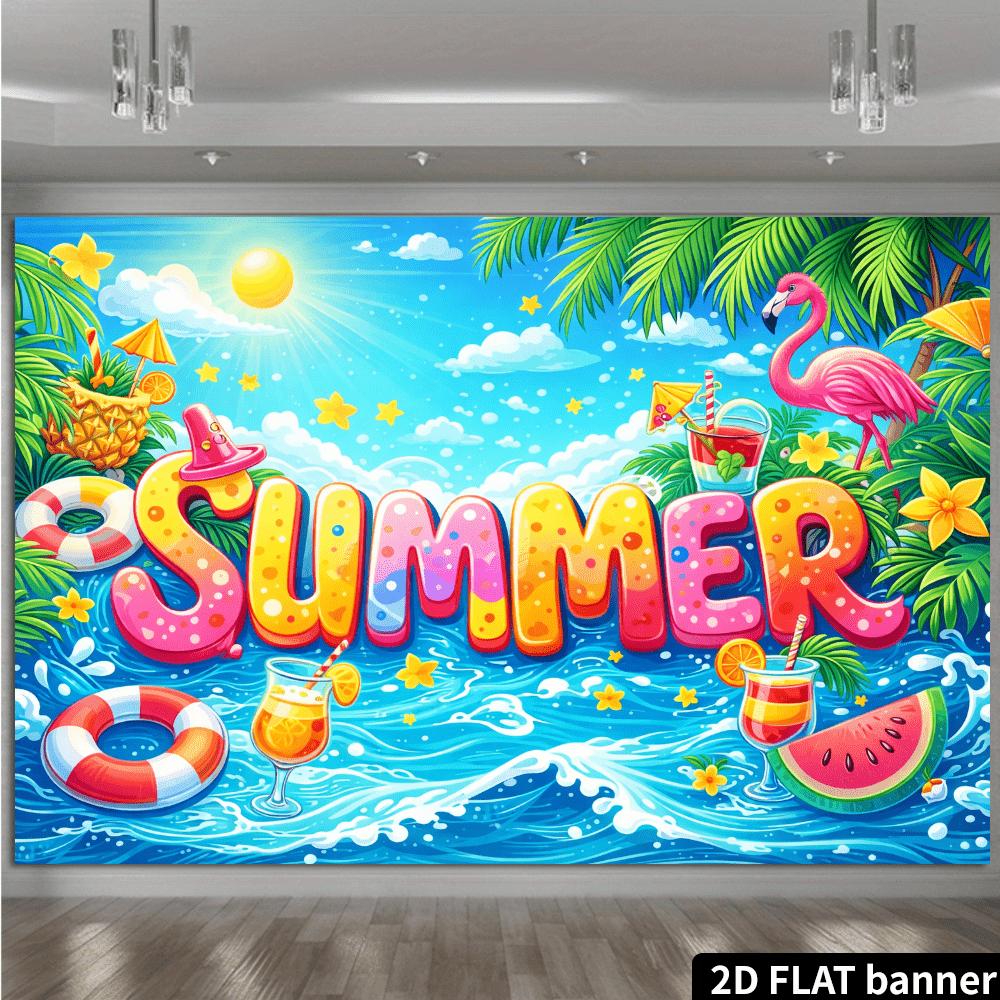 2D plane summer beach party backdrop fabric with large-sized letters as the core complemented by pink color.
