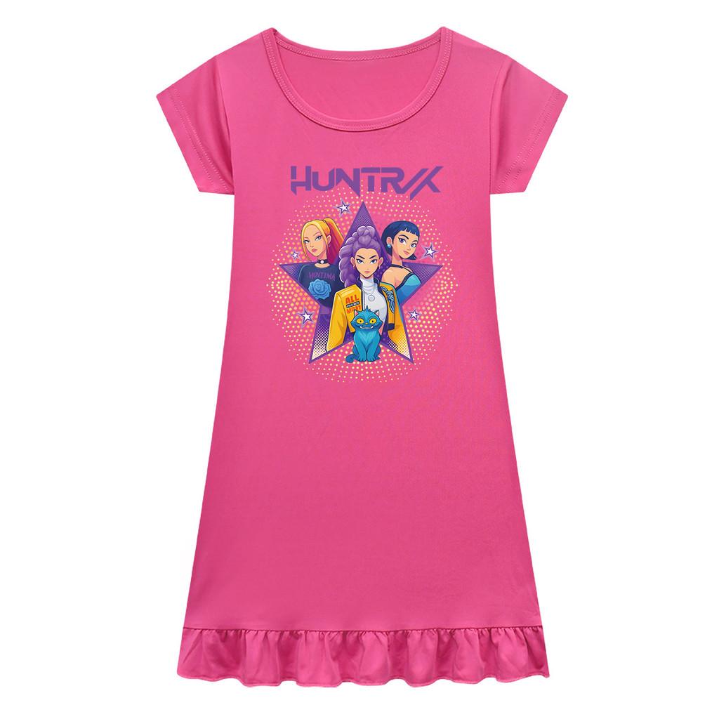 Kids Girls Anime Cartoon K-POP Rumi Print Pleat Short Sleeve Casual Round Neck Dress