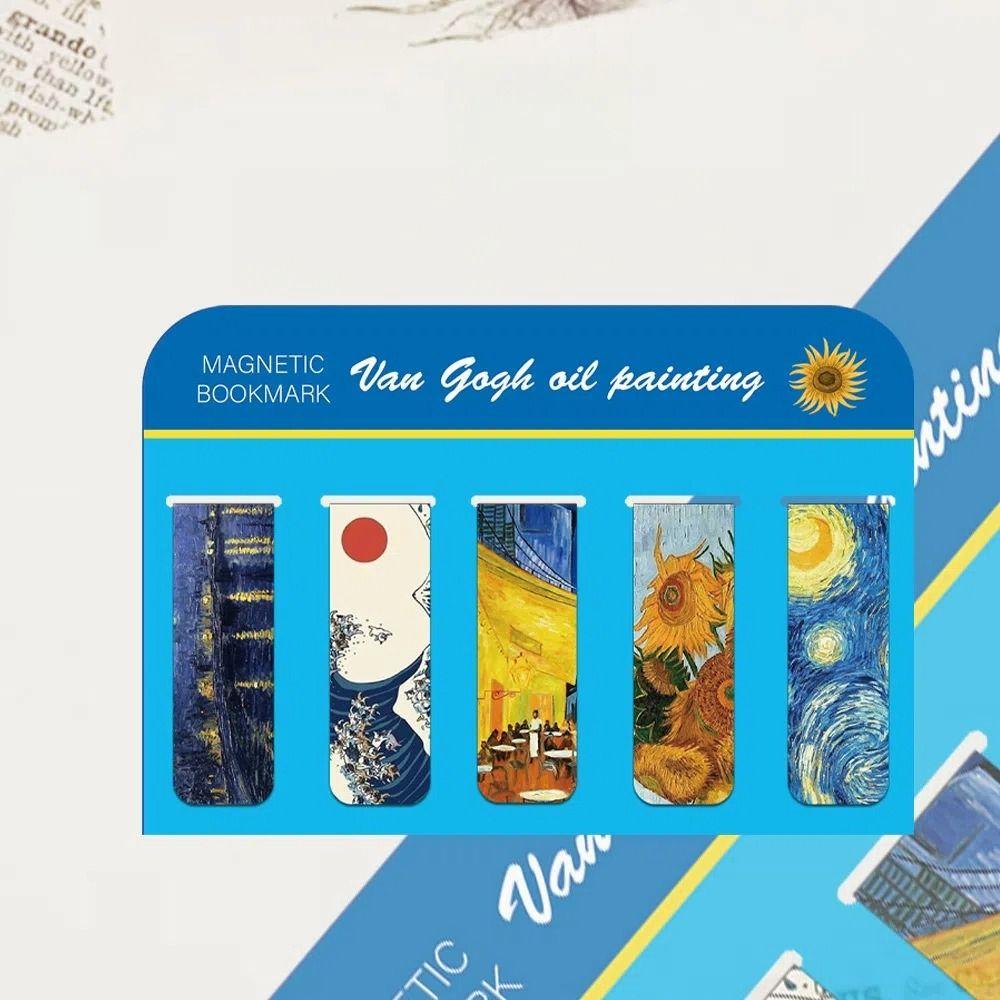 5pcs Set Oil Painting Style Book Page Marker Magnetic Note Page Holder for Students