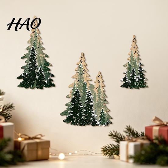 Entryway Holiday Wall Accents 3Pcs Wooden Christmas Tree Decor, Winter Snowy Pine Hanging Seasonal Indoor Art Sign, Rustic Forest Mounted Ornaments