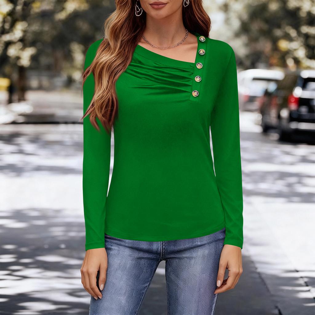Женская модная повседневная футболка с асимметричным воротником на пуговицах, топ с длинным рукавом из молочного шелка