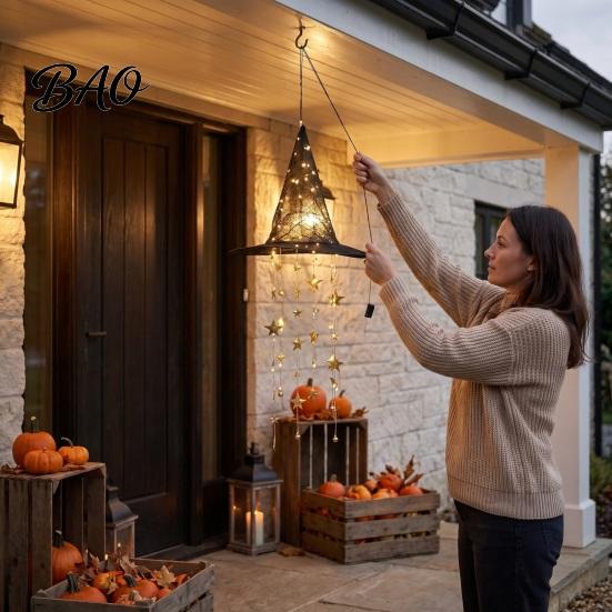 Luminous Witch Hat Lights Lighted Hanging Chime, Halloween LED Ornament with Glow Star Tassels, Magical Light for Porch Window Patio Indoor
