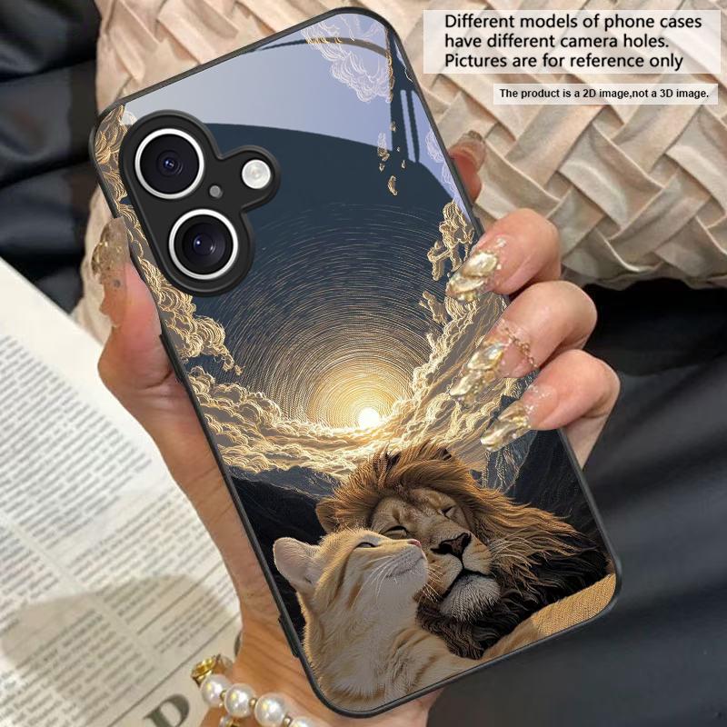 Милый кот и серый лев Для Для iPhone 17 Air 16E 15 14 13 Plus 12 mini 11 17 Pro Max XR Xs 7 8 Черный чехол для телефона из закаленного стекла