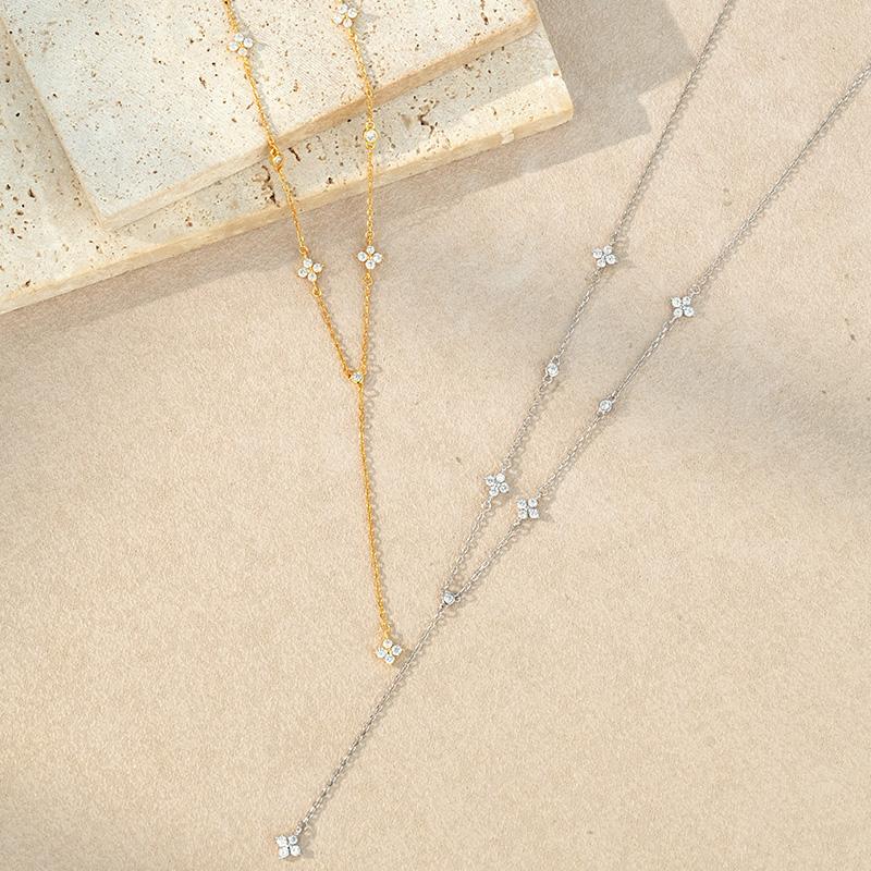 925 Sterling Silver Marquise Zircon Four Leaf Clover Lariat Y Long Tassel Chain Necklace