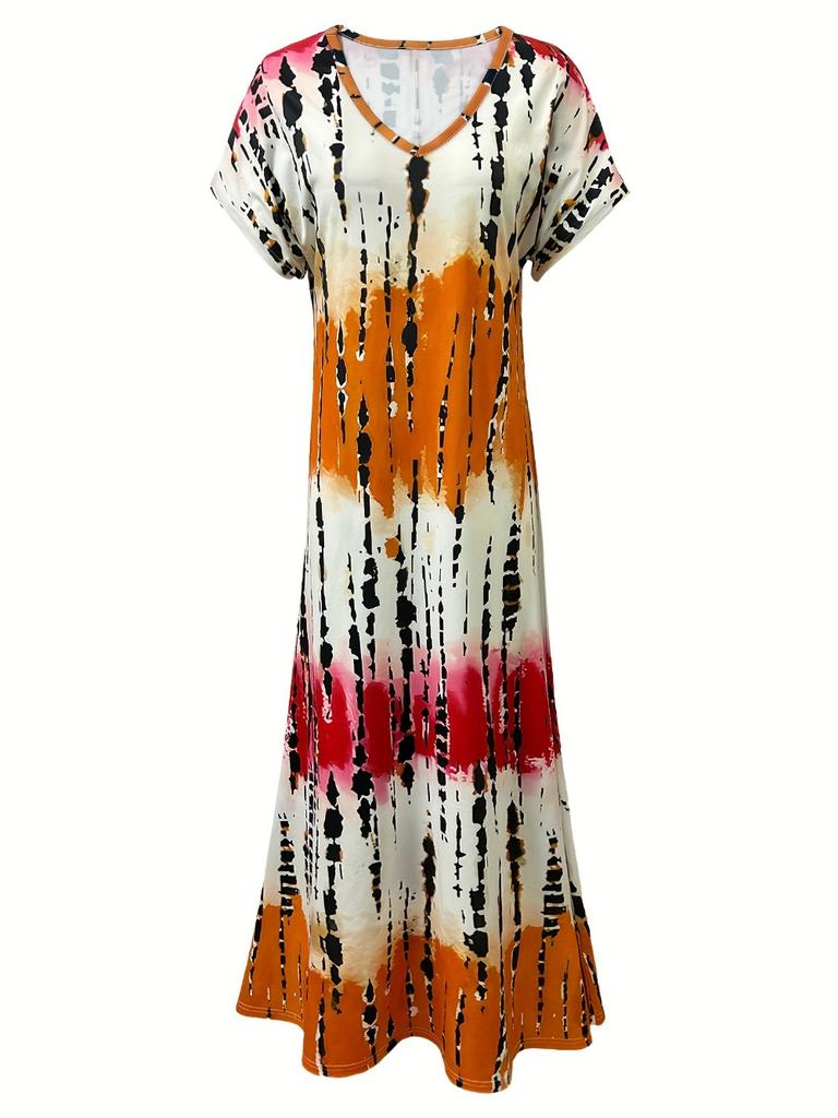 Платье с V-образным вырезом в стиле тай-дай, элегантное платье с короткими рукавами и разрезом на весну и лето, женская одежда